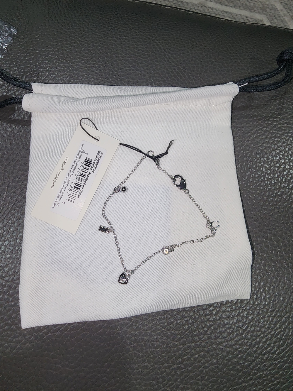 Coach Silver Charm Chain Bracelet with Heart and Logo Accents